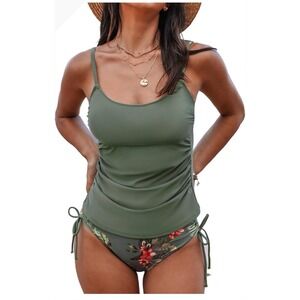 Cupshe Olive Green Ruched Tankini Set Tropical Floral Bottoms Medium